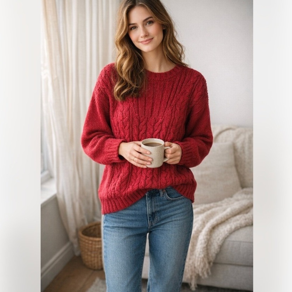 Outback Red Cable Knit Crewneck Sweater‎ Red Women's Size M Cozy